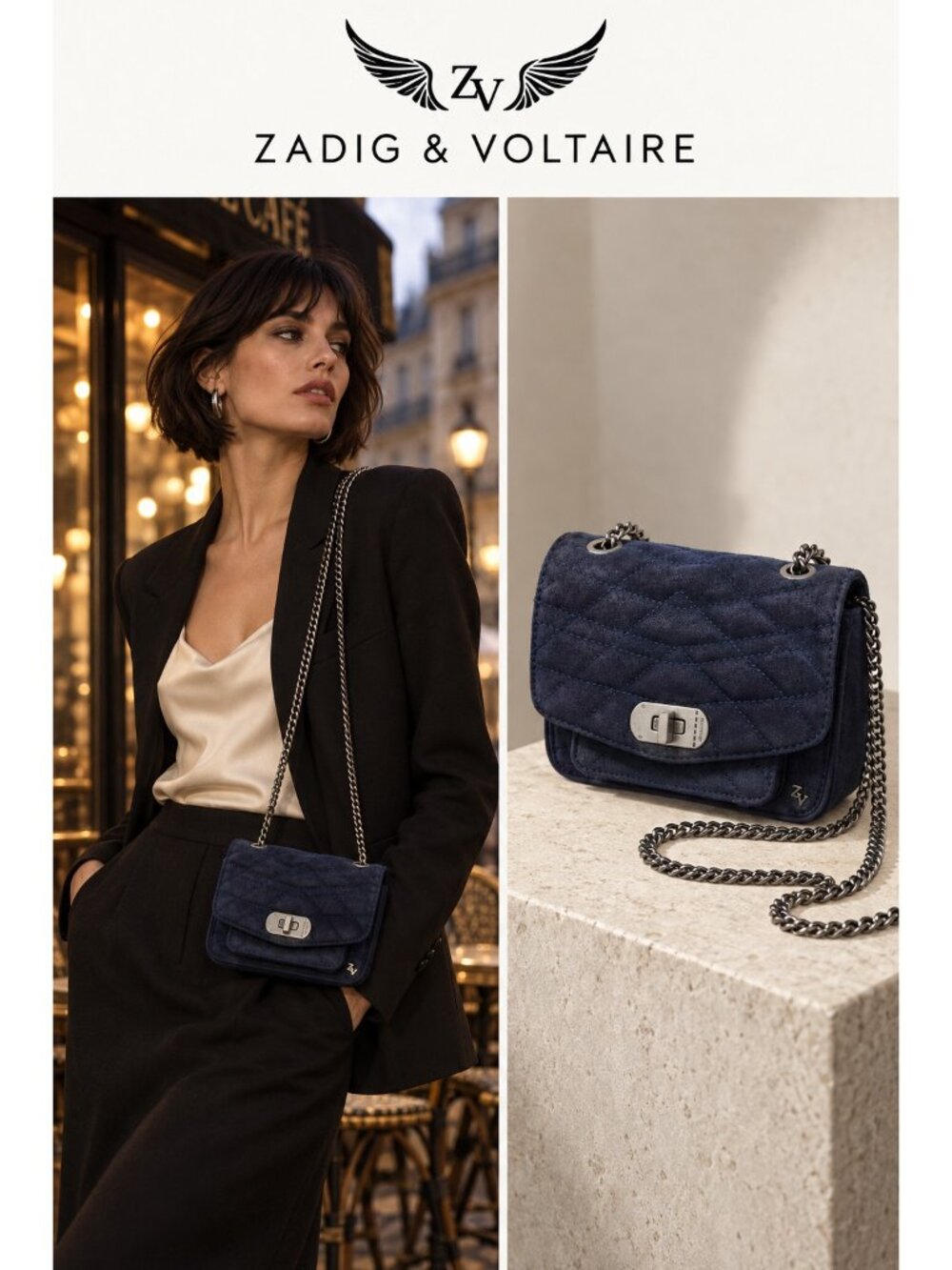 Zadig & Voltaire Navy Blue Quilted Suede Mini Chain Crossbody Bag